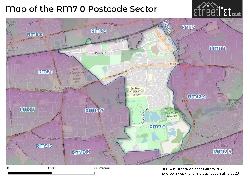 Map of the RM7 0 and surrounding postcode sector