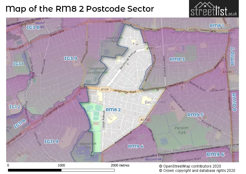 Map of the RM8 2 and surrounding postcode sector