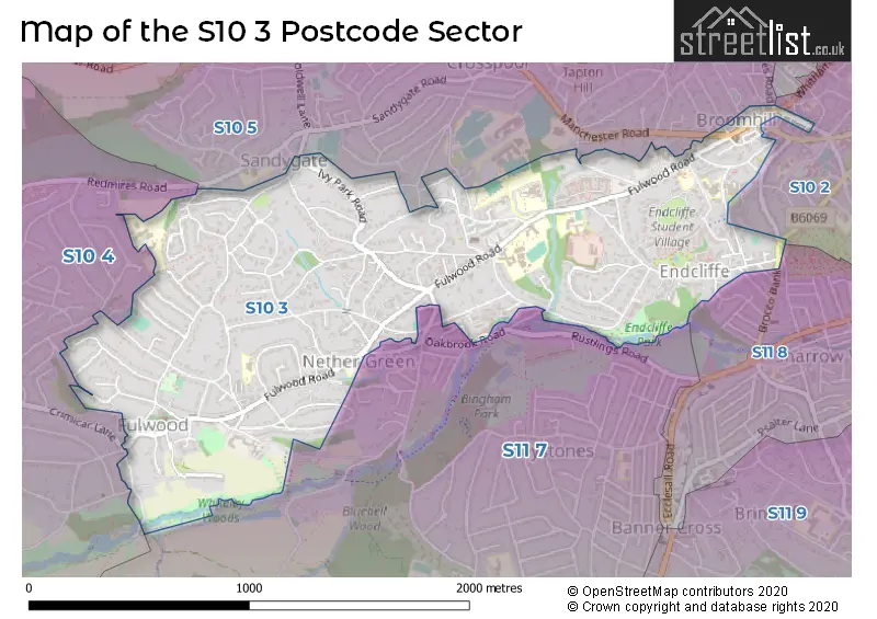 Map of the S10 3 and surrounding postcode sector