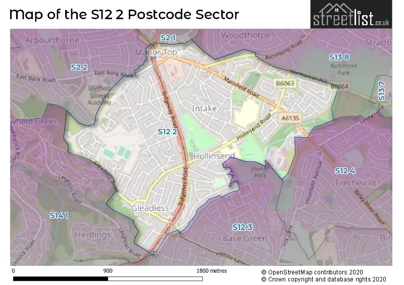 Map of the S12 2 and surrounding postcode sector