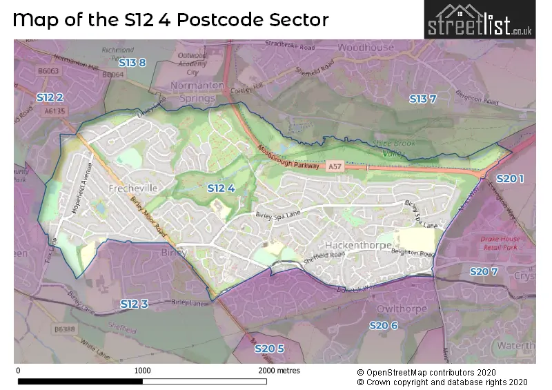 Map of the S12 4 and surrounding postcode sector