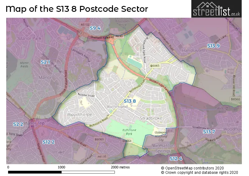 Map of the S13 8 and surrounding postcode sector