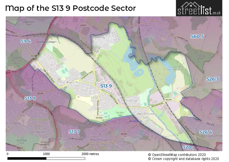 Map of the S13 9 and surrounding postcode sector