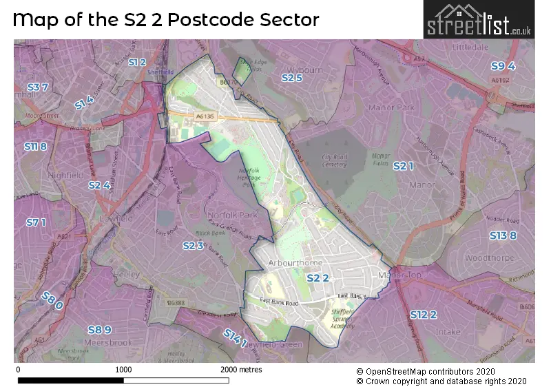 Map of the S2 2 and surrounding postcode sector