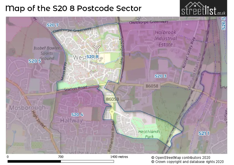 Map of the S20 8 and surrounding postcode sector