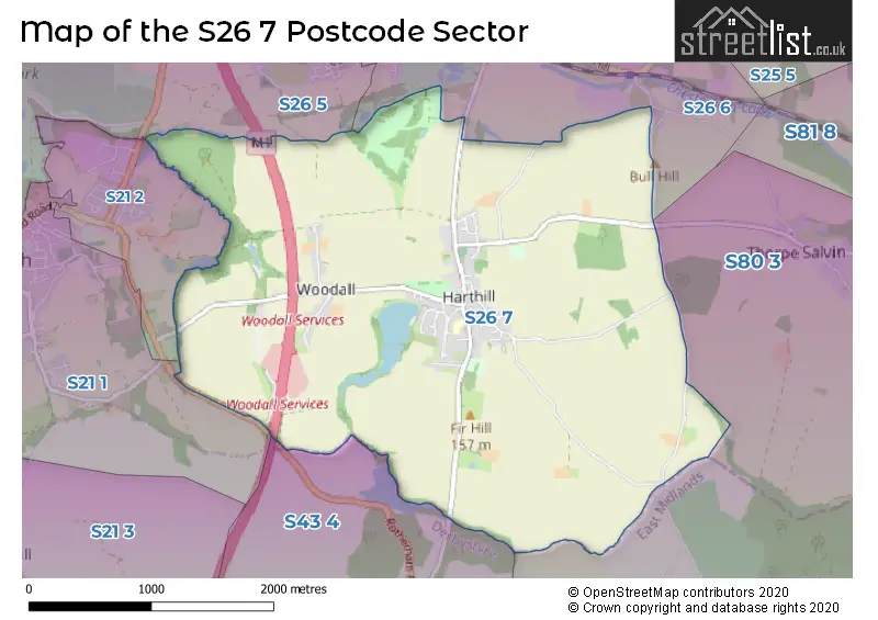 Map of the S26 7 and surrounding postcode sector