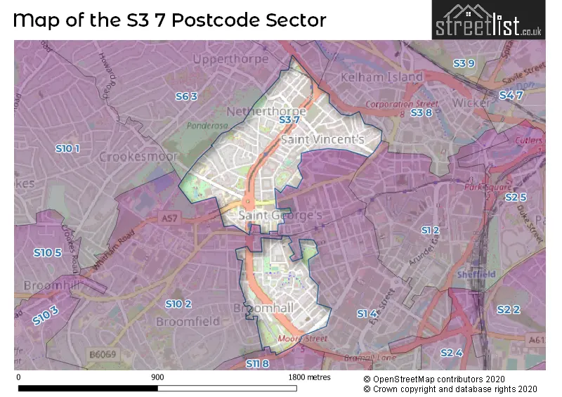 Map of the S3 7 and surrounding postcode sector