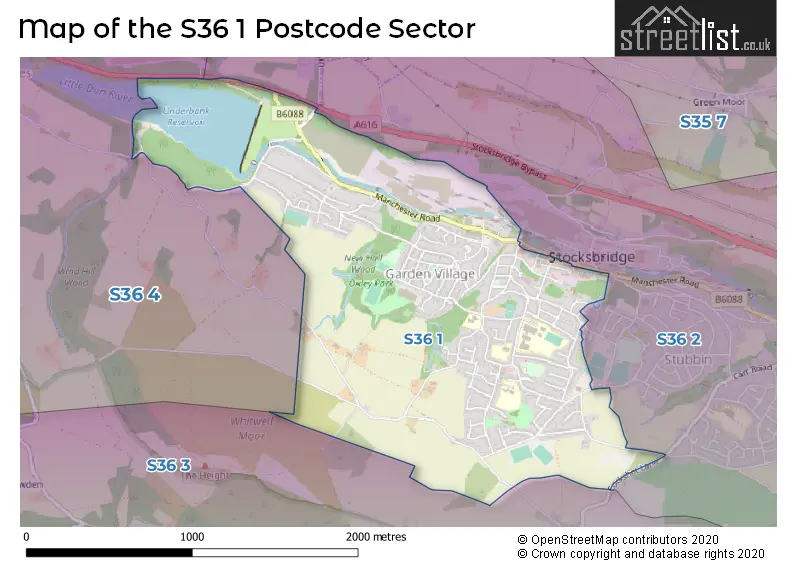 Map of the S36 1 and surrounding postcode sector