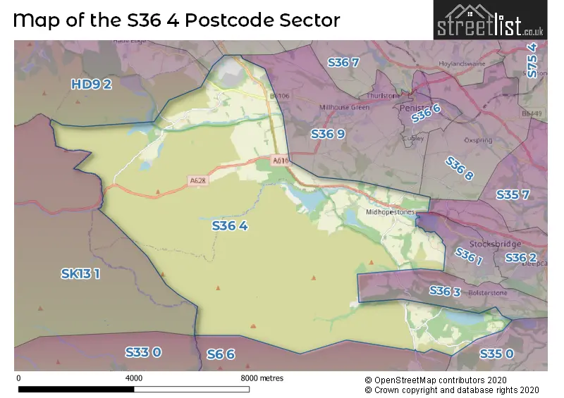 Map of the S36 4 and surrounding postcode sector