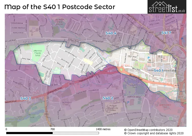 Map of the S40 1 and surrounding postcode sector