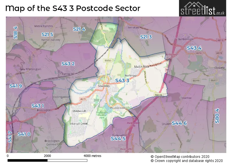 Map of the S43 3 and surrounding postcode sector