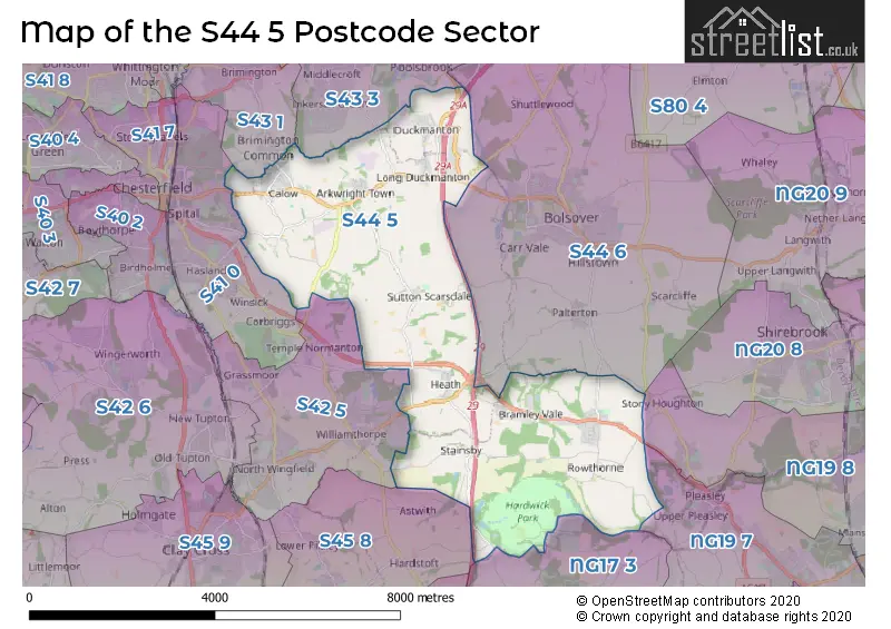 Map of the S44 5 and surrounding postcode sector