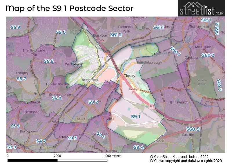 Map of the S9 1 and surrounding postcode sector