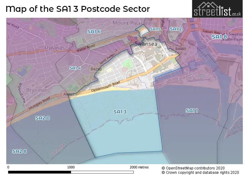 Map of the SA1 3 and surrounding postcode sector