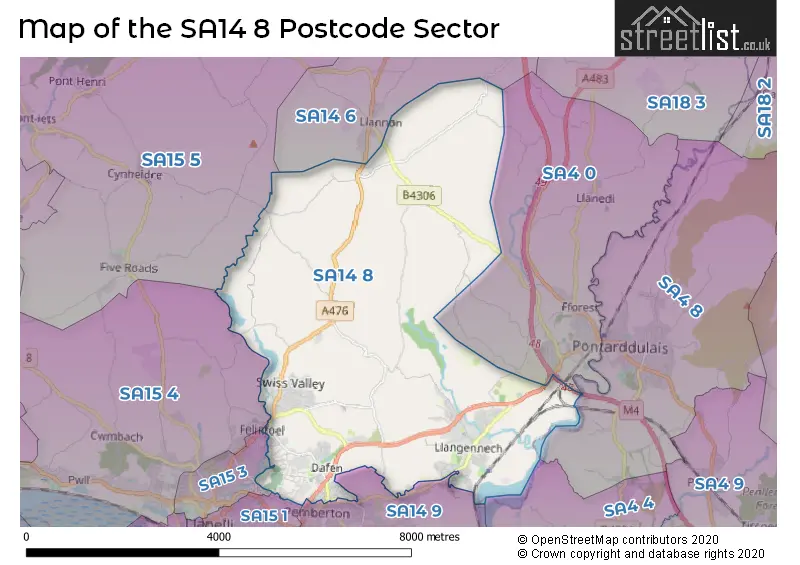 Map of the SA14 8 and surrounding postcode sector