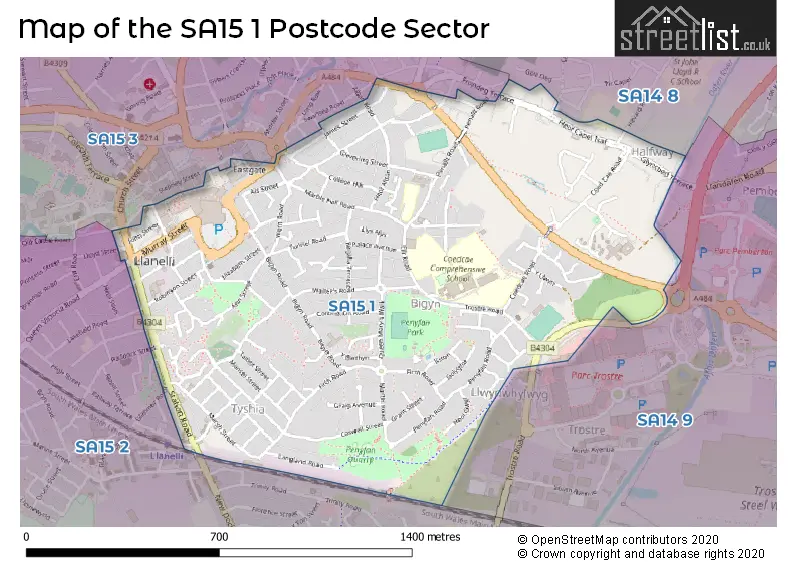 Map of the SA15 1 and surrounding postcode sector