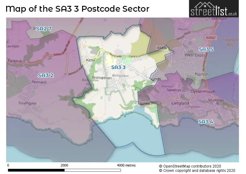 Map of the SA3 3 and surrounding postcode sector