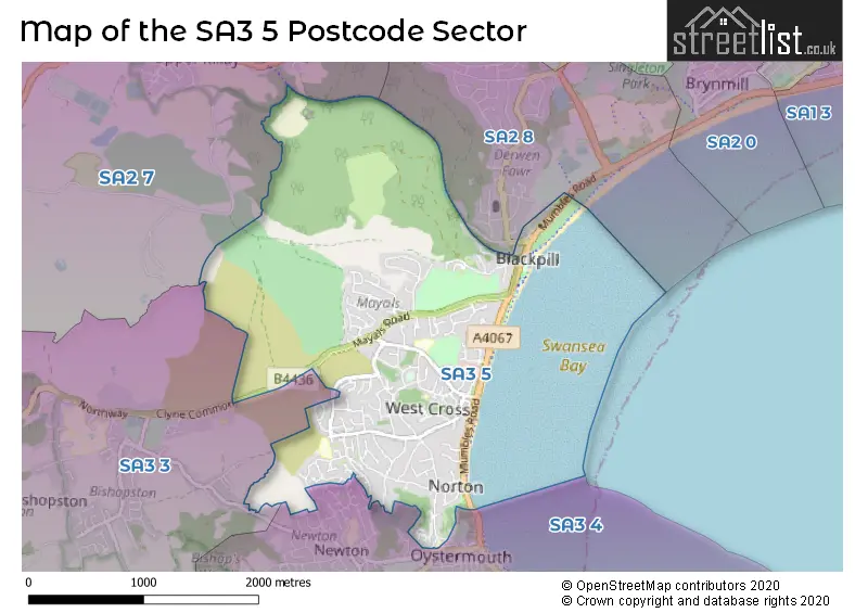 Map of the SA3 5 and surrounding postcode sector