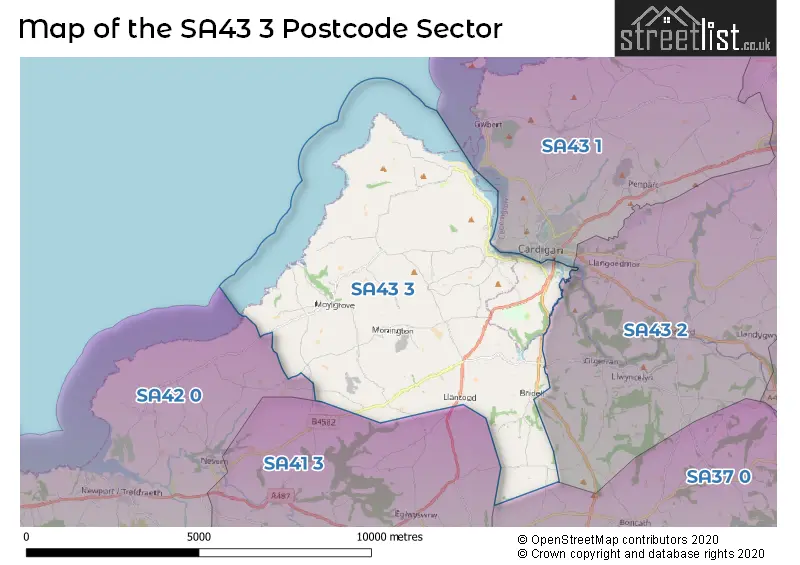 Map of the SA43 3 and surrounding postcode sector