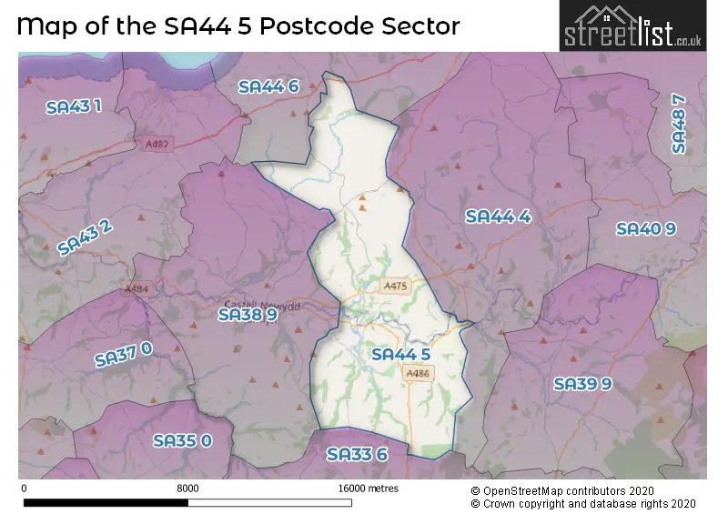 Map of the SA44 5 and surrounding postcode sector