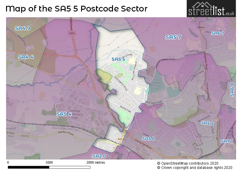 Map of the SA5 5 and surrounding postcode sector