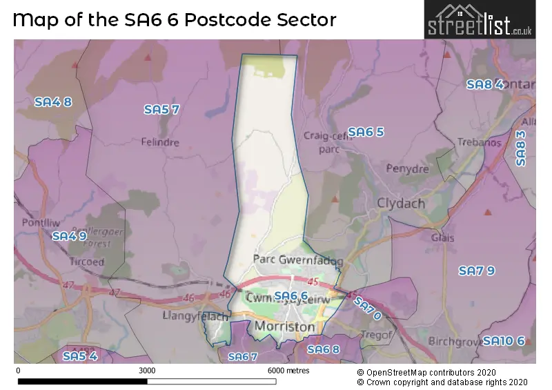 Map of the SA6 6 and surrounding postcode sector