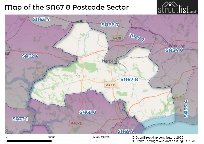 Map of the SA67 8 and surrounding postcode sector