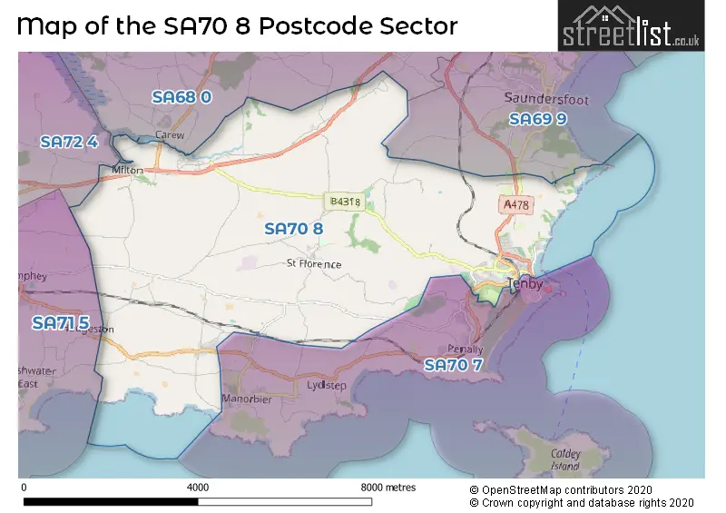 Map of the SA70 8 and surrounding postcode sector