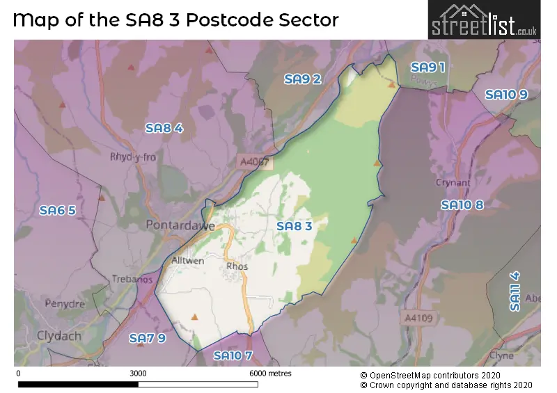 Map of the SA8 3 and surrounding postcode sector