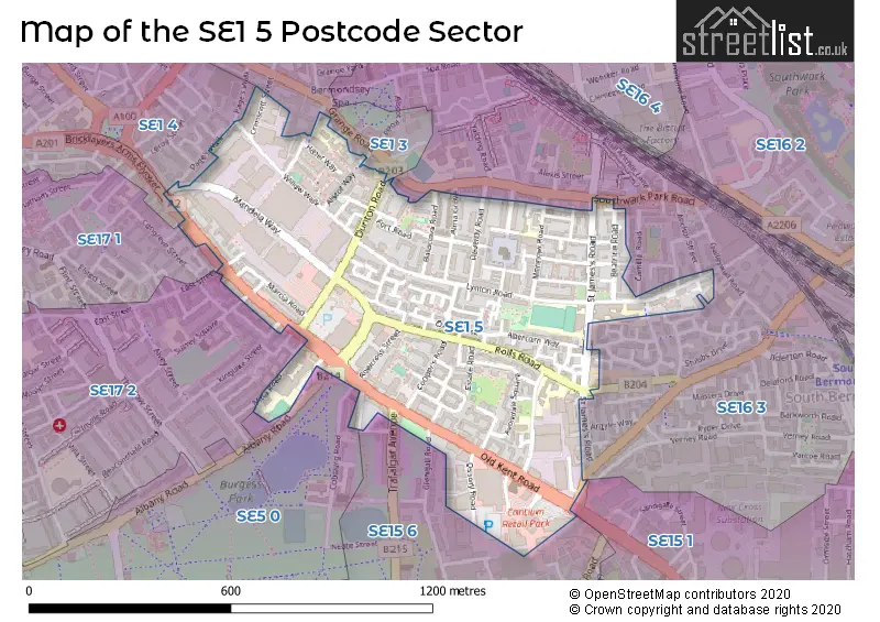 Map of the SE1 5 and surrounding postcode sector