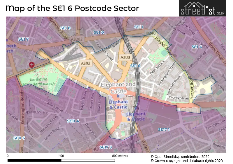 Map of the SE1 6 and surrounding postcode sector