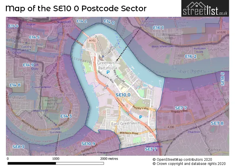 Map of the SE10 0 and surrounding postcode sector