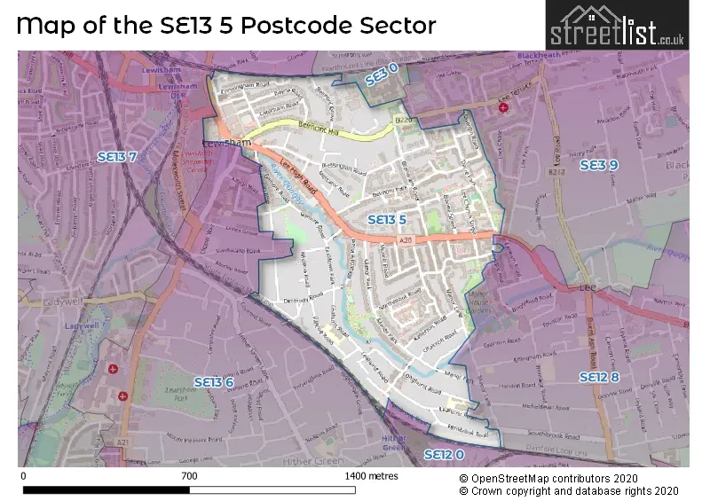 Map of the SE13 5 and surrounding postcode sector