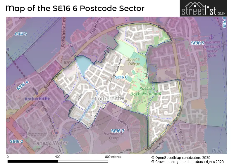 Map of the SE16 6 and surrounding postcode sector