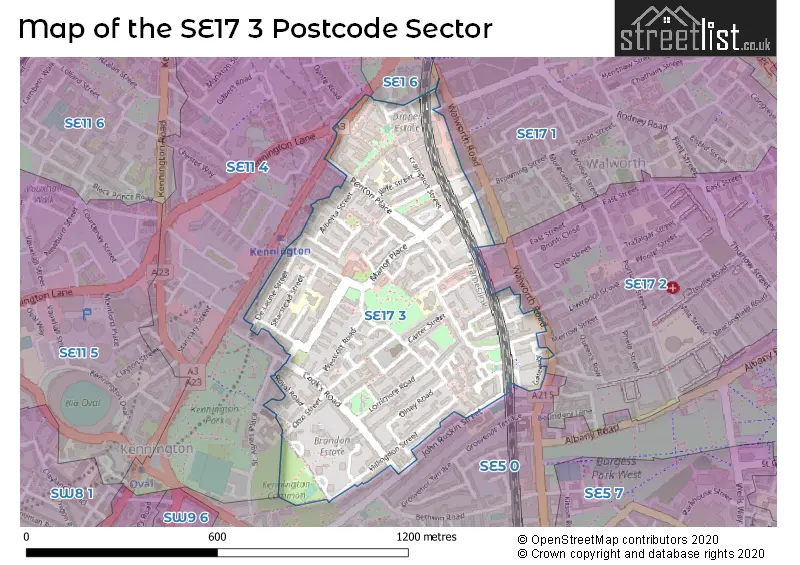 Map of the SE17 3 and surrounding postcode sector