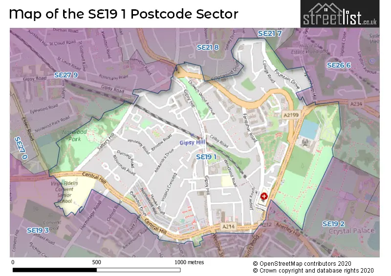 Map of the SE19 1 and surrounding postcode sector