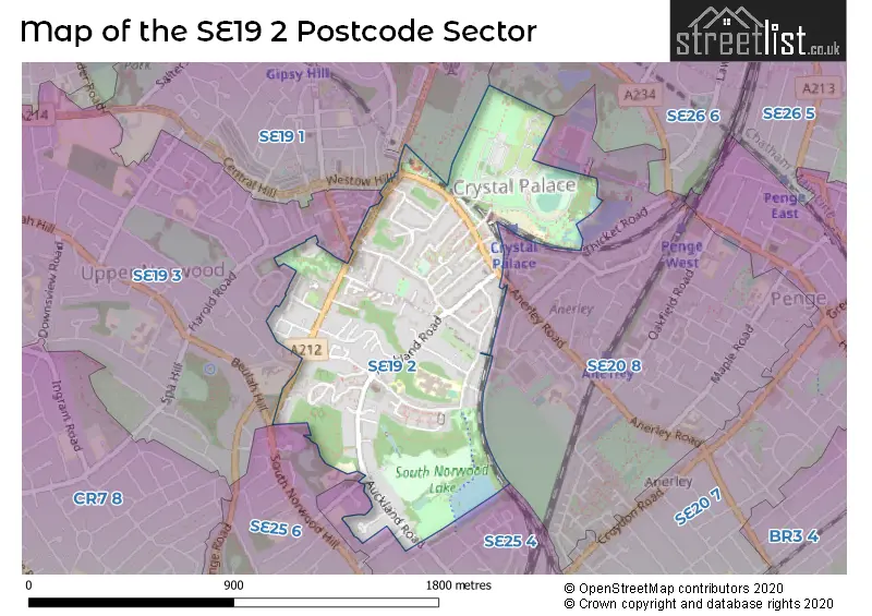 Map of the SE19 2 and surrounding postcode sector