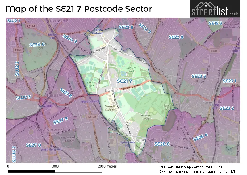 Map of the SE21 7 and surrounding postcode sector