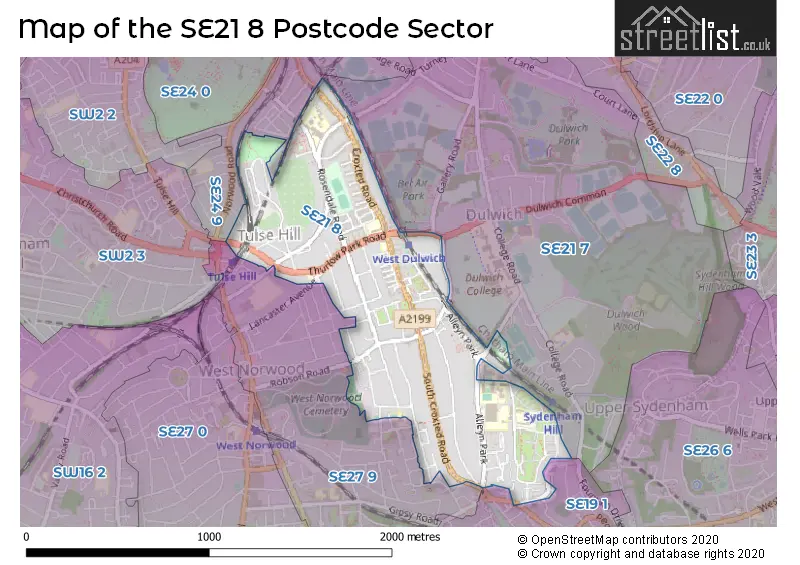 Map of the SE21 8 and surrounding postcode sector