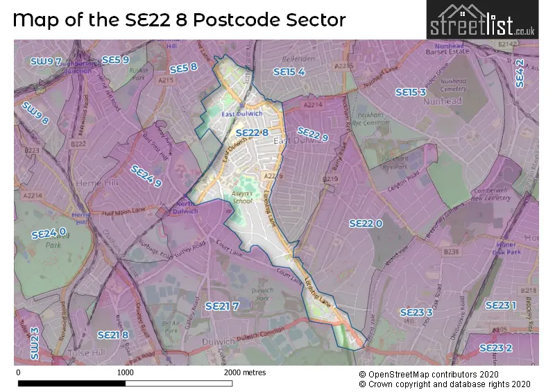 Map of the SE22 8 and surrounding postcode sector