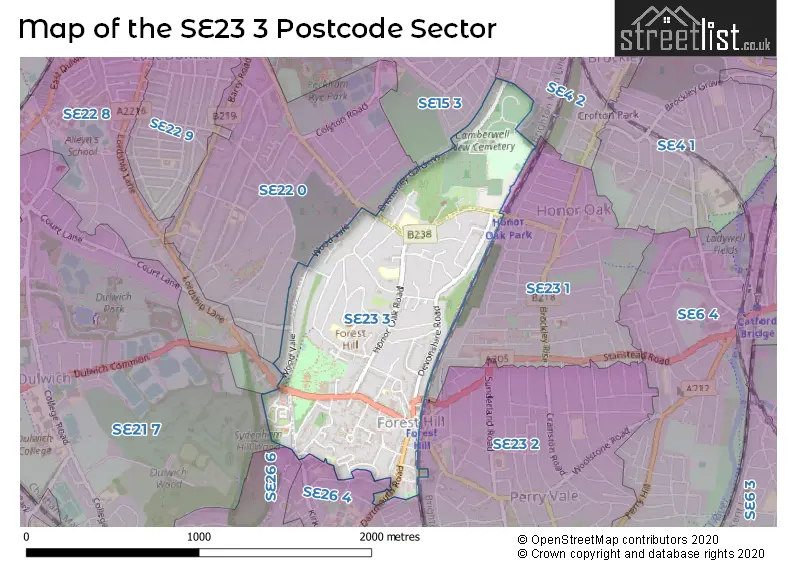 Map of the SE23 3 and surrounding postcode sector