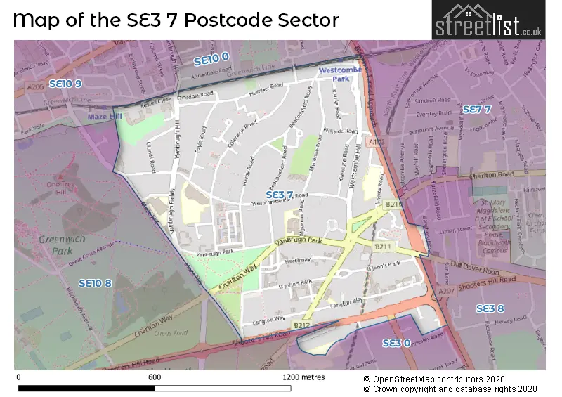 Map of the SE3 7 and surrounding postcode sector