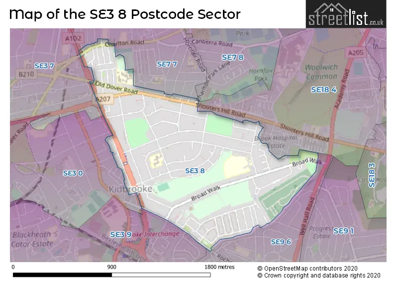 Map of the SE3 8 and surrounding postcode sector