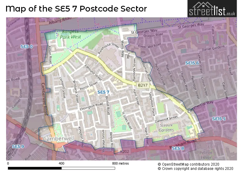 Map of the SE5 7 and surrounding postcode sector