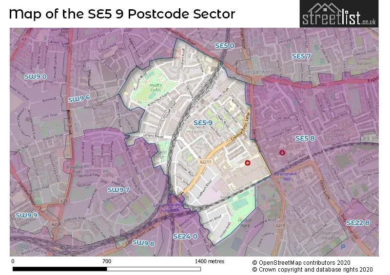 Map of the SE5 9 and surrounding postcode sector