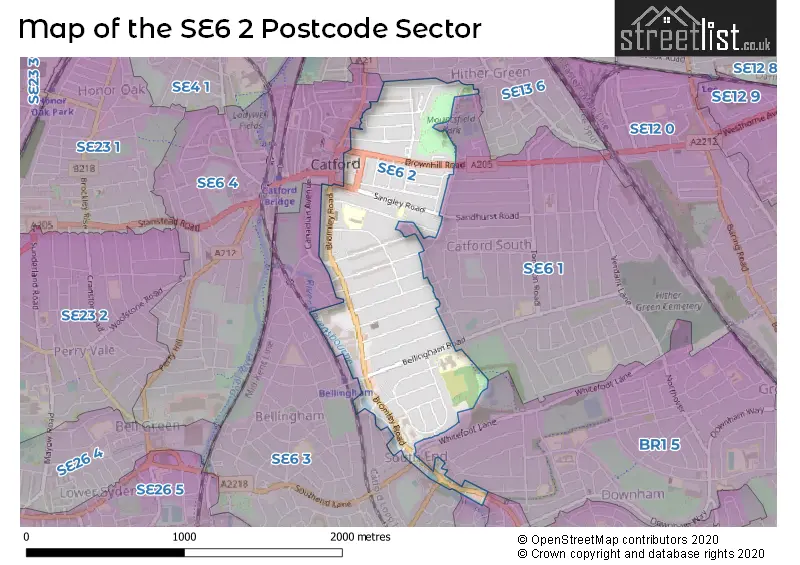 Map of the SE6 2 and surrounding postcode sector