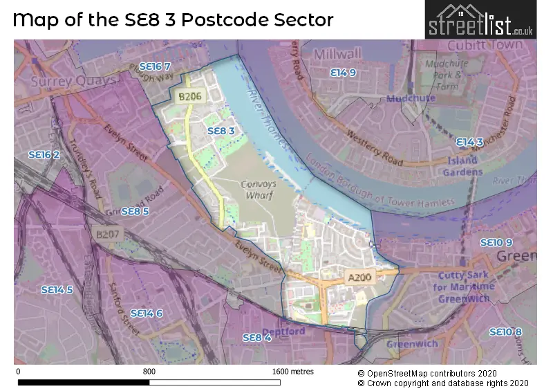 Map of the SE8 3 and surrounding postcode sector