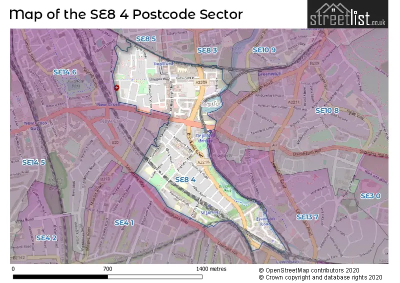 Map of the SE8 4 and surrounding postcode sector