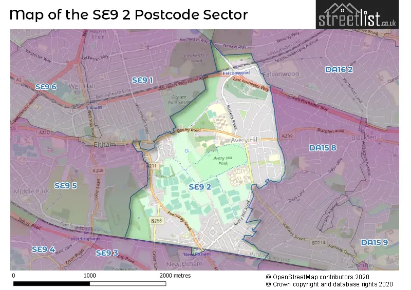 Map of the SE9 2 and surrounding postcode sector