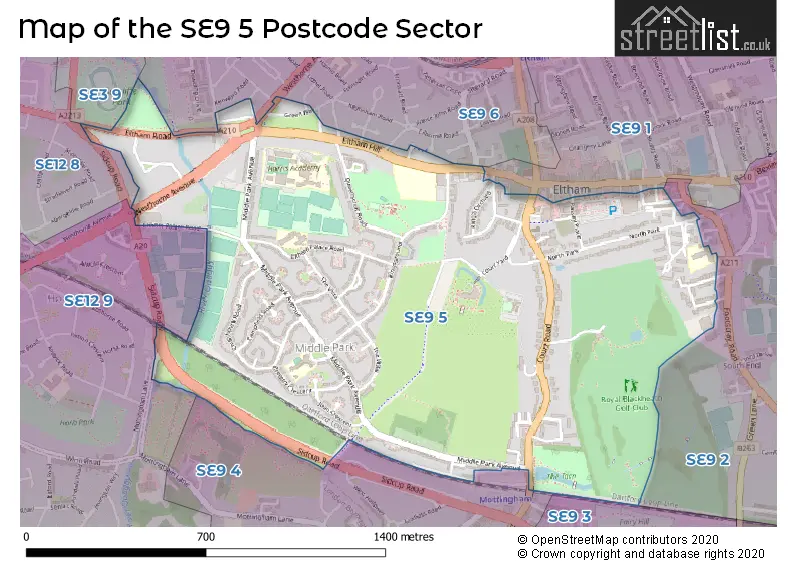 Map of the SE9 5 and surrounding postcode sector